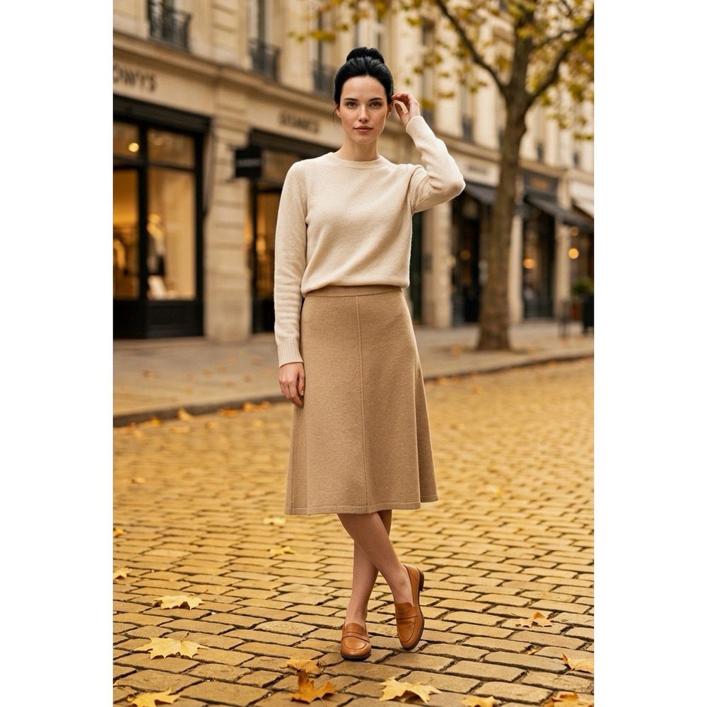 Jacques de Loux Vintage Beige Cashmere Silk Knit Midi Skirt A-Line M USA
